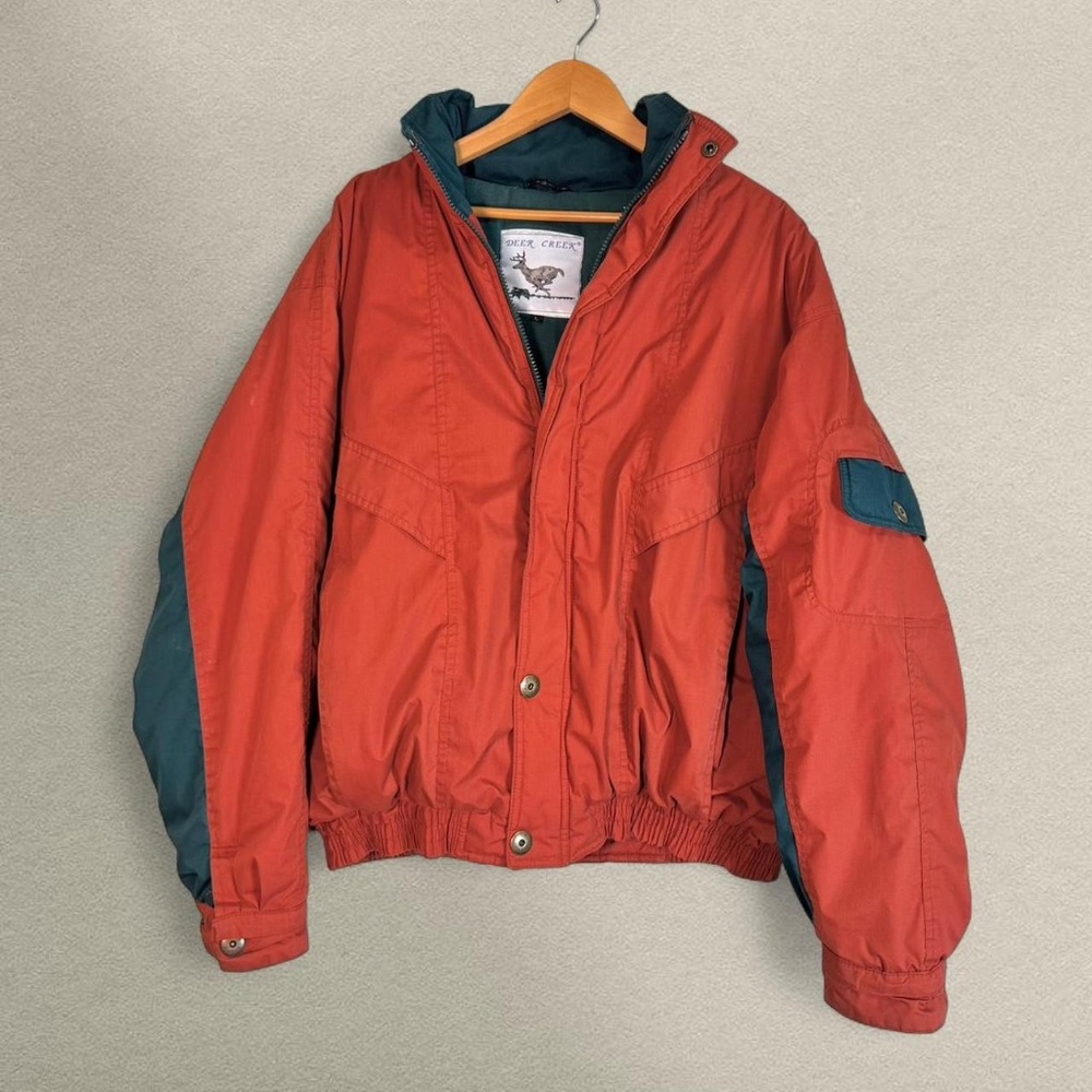 Vintage Utility Jacket – Packable Hood –‎ Muted Orange & Teal Bomber - Size L